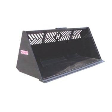 A black Mega Duty Snow Bucket for Skid-Steer Loaders with a see-through window and a high carbon cutting edge, shown at an angle in a studio shot.