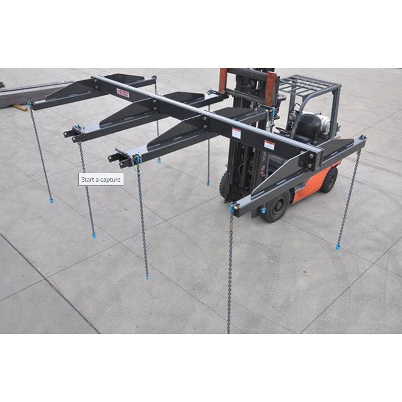 A full view of a black Forklift Mesh Handler with two long extending arms, each with a hanging chain, mounted to an orange forklift on a concrete surface.