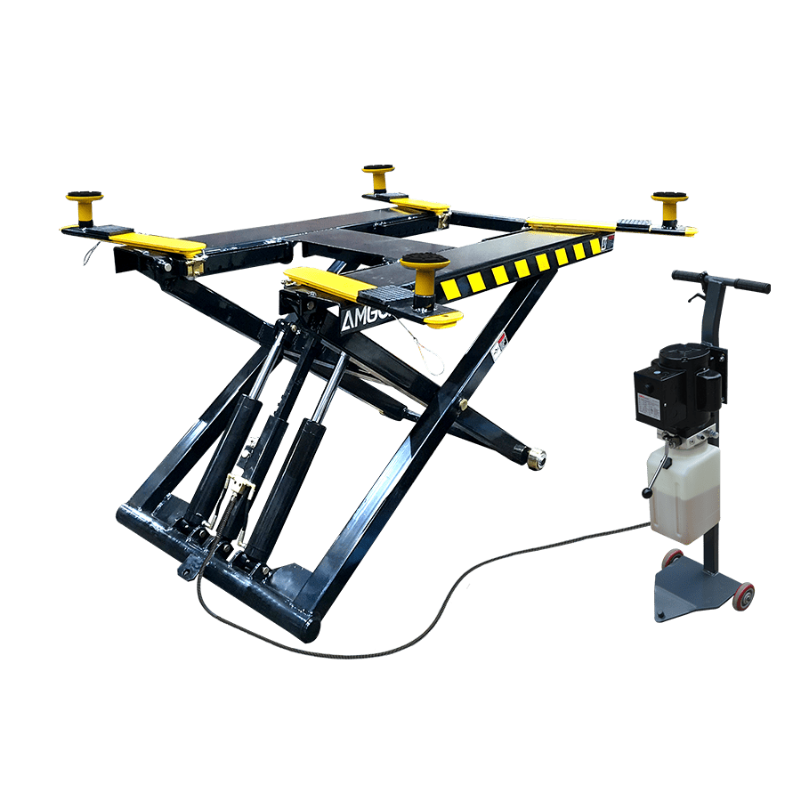 A black and yellow AMGO MR06 6,000 lbs Mid-Rise Portable Scissor Lift on a transparent background, showing its raised platform and a 110V power unit on the side.