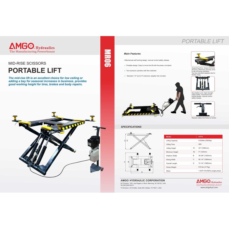 A brochure for the black and yellow AMGO MR06 Mid-Rise Portable Scissor Lift detailing its features, specifications, and optional parts, including a 6,000 lbs lifting capacity.