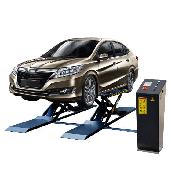 An AMGO MRL09 Mid-Rise Scissor Lift, a gray lift with two adjustable runways, elevating a gold sedan beside its black control panel on a white background.