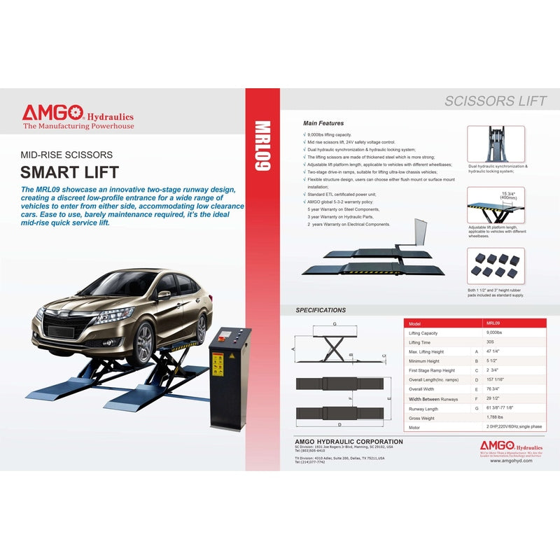 A product brochure for the AMGO MRL09 Mid-Rise Scissors Lift, featuring a detailed diagram, key features, specifications, and a photo of a gold sedan elevated on the lift.
