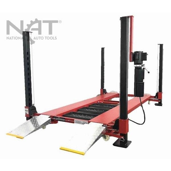 A black and red NOS9000XLT 4-post lift on a white background, viewed at an angle to show the two-vehicle platform, extended ramps, and a power unit on the front post.