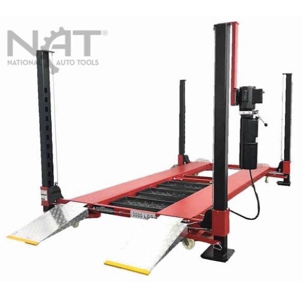 A front angled view of the red Triumph NOS9000 9,000 lb four-post lift with its two front ramps on the ground.