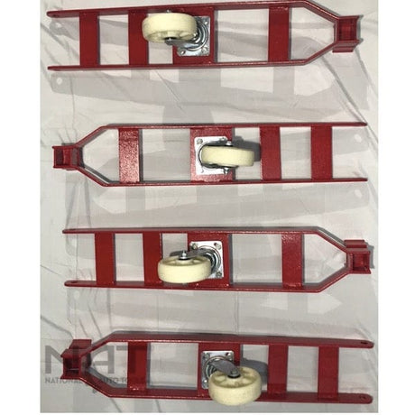 A top-down view of four red rolling caster brackets with wheels for the Triumph NOS9000 four-post lift.