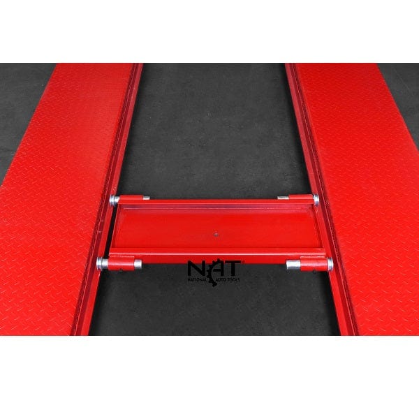 A top-down view of the single point lock release lever on the jack tray of the Triumph NOS9000 four-post lift.