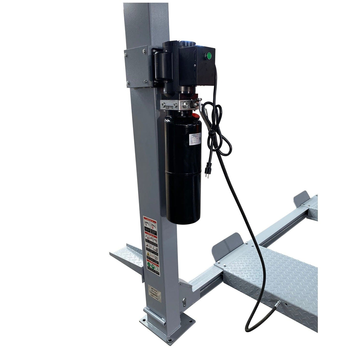 A close-up of the black hydraulic motor unit on a gray post of the Triumph NSS-11 four-post lift.