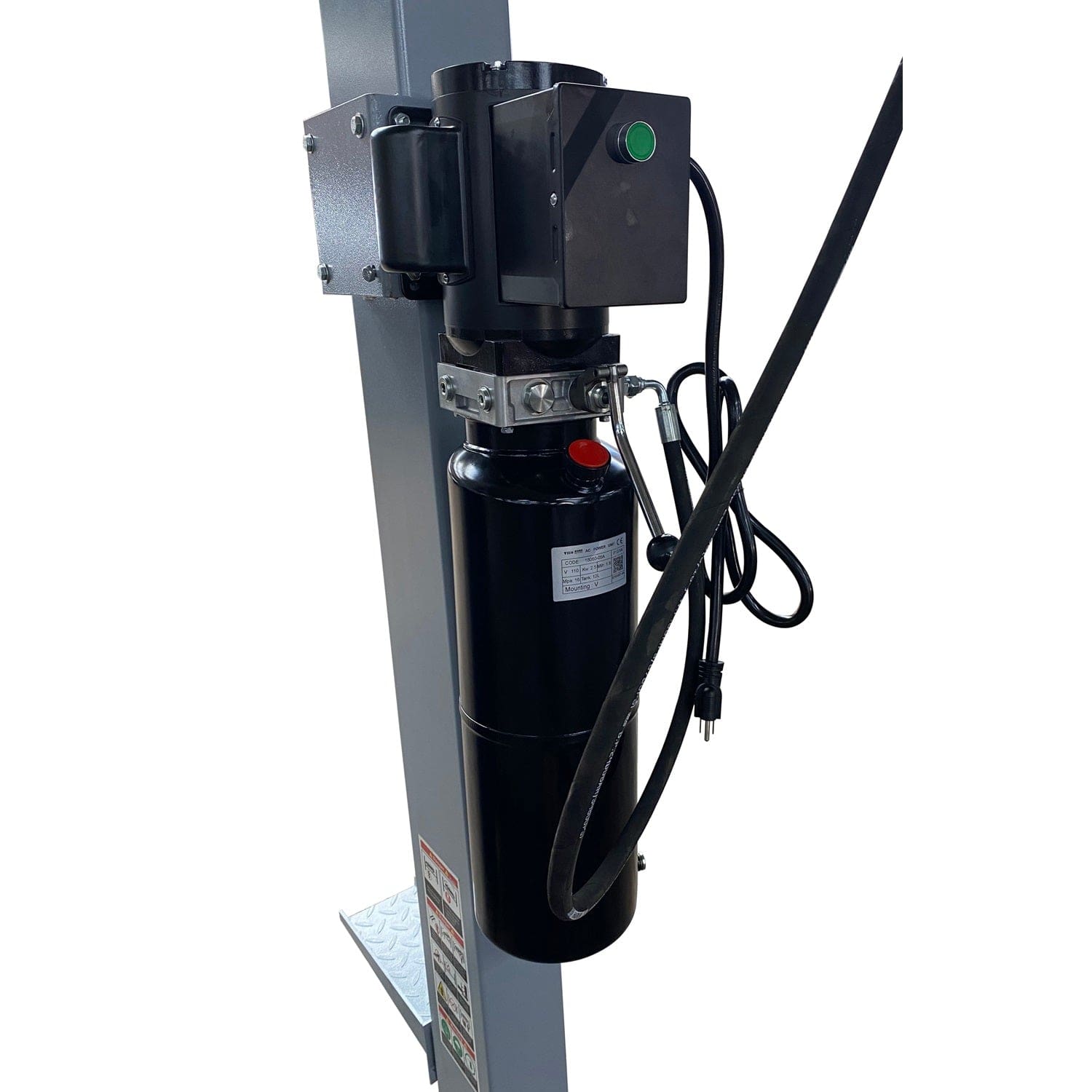 A side view of the gray Triumph NSS-11 four-post lift with three black drip trays on one of the runways.