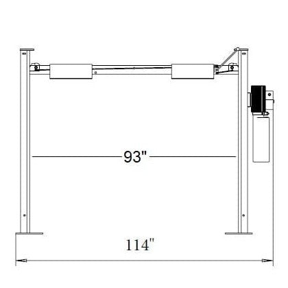 A black and white schematic drawing of the NSS-8Classic four-post lift, with a drive-thru width of 93 inches and an overall width of 114 inches.