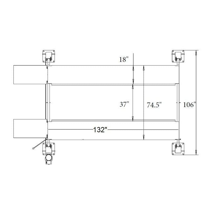 A blueprint-style graphic of the NSS-8Classic four-post lift showing key measurements including an overall length of 175 inches, an overall width of 106 inches, and a height of 84 inches.