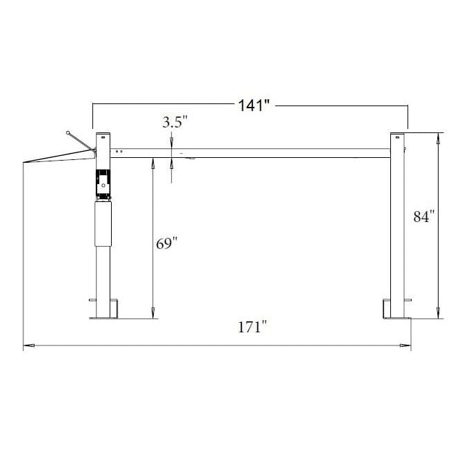 A black and white line drawing of the NSS-8Classic lift, detailing its dimensions, including an overall height of 84 inches and a height under the runway of 69 inches.