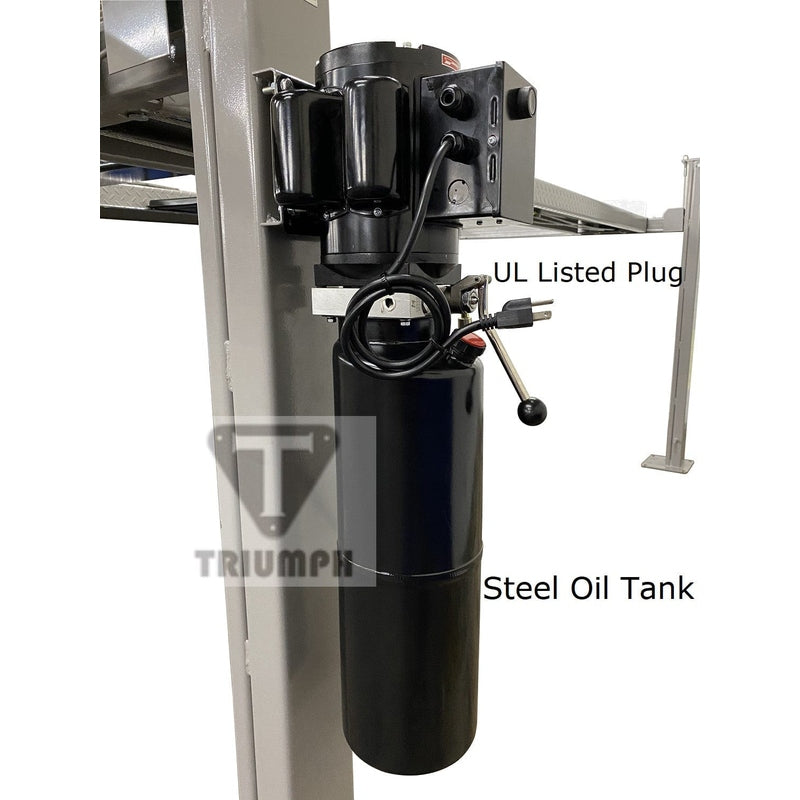 A detailed view of the Triumph NSS-8Classic's power unit, featuring a UL-listed plug and a steel oil tank. This model requires a 110V power supply.