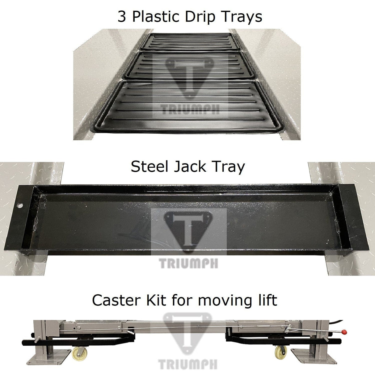 A set of accessories for the Triumph NSS-8Classic lift, including three black plastic drip trays, a steel jack tray, and a caster kit for moving the lift.