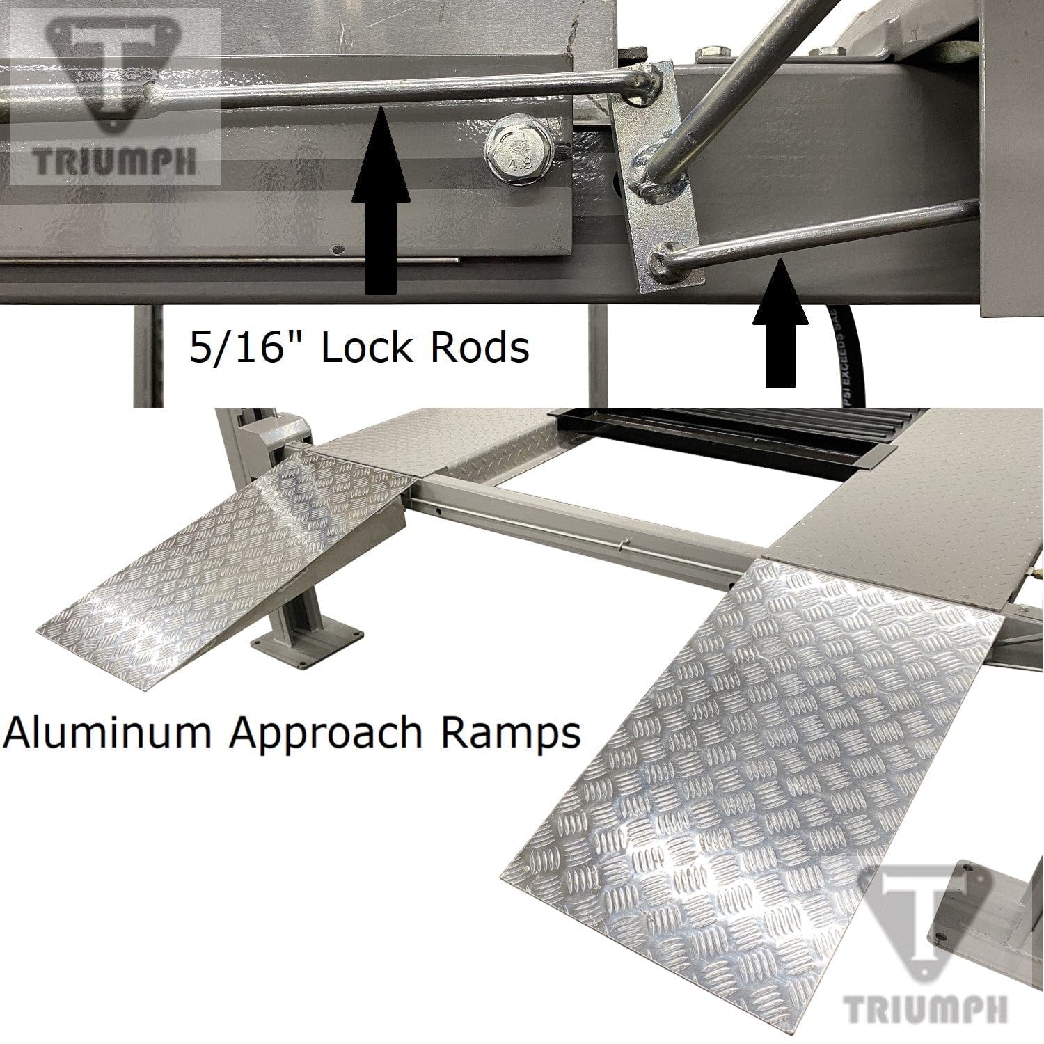 A close-up view of the diamond plate aluminum approach ramps for the NSS-8 Four-Post Lift. The image includes text overlays indicating "5/16" Lock Rods" and "Aluminum Approach Ramps."