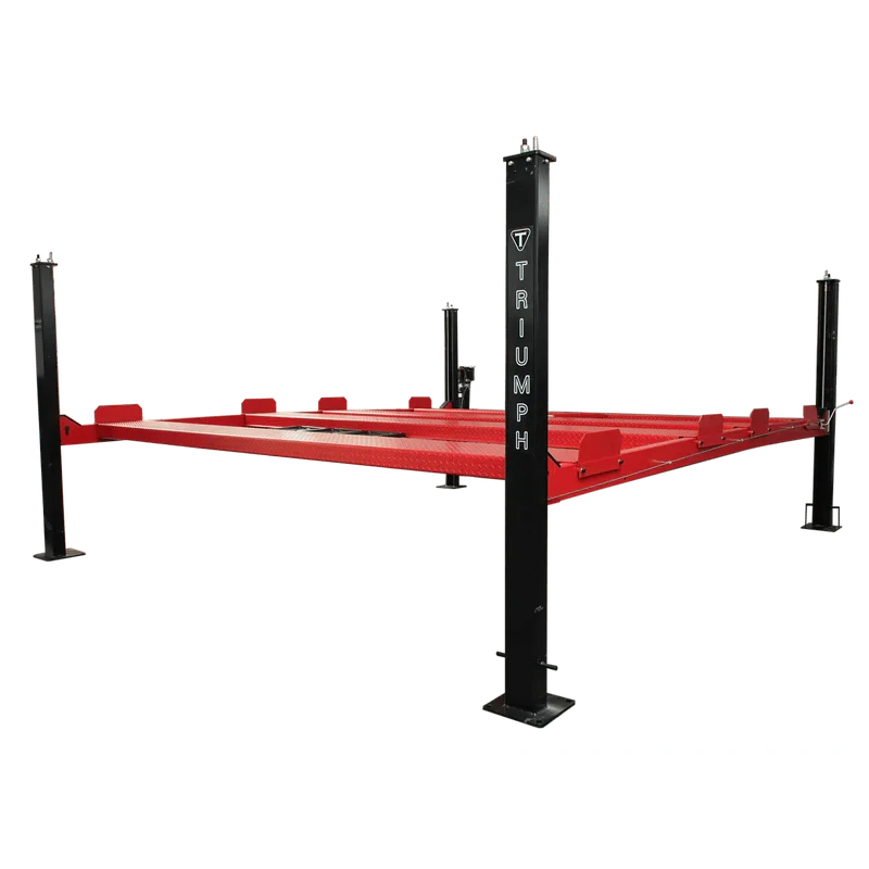 A side view of a black Triumph NSS9000 9,000 lb Double Service Storage 4-Post Lift with a classic car raised to a mid-height position, showcasing the red ramps. Another car is parked on the ground underneath.