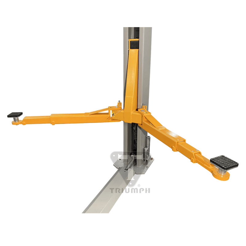 A detailed shot of the yellow asymmetric lifting arm on the Triumph NT-11 two-post lift.