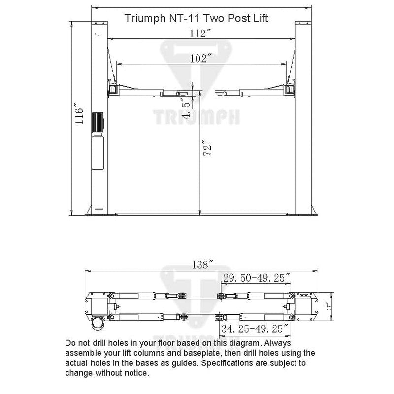 A technical diagram of the Triumph NT-11 two-post auto lift, showing its dimensions including overall height (116"), width (138"), and distance between posts (112").