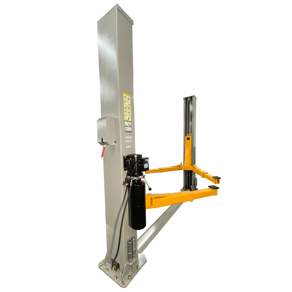 A side view of a Triumph NT-15 two-post auto lift showing its lifting post, hydraulic pump, and yellow lifting arms.