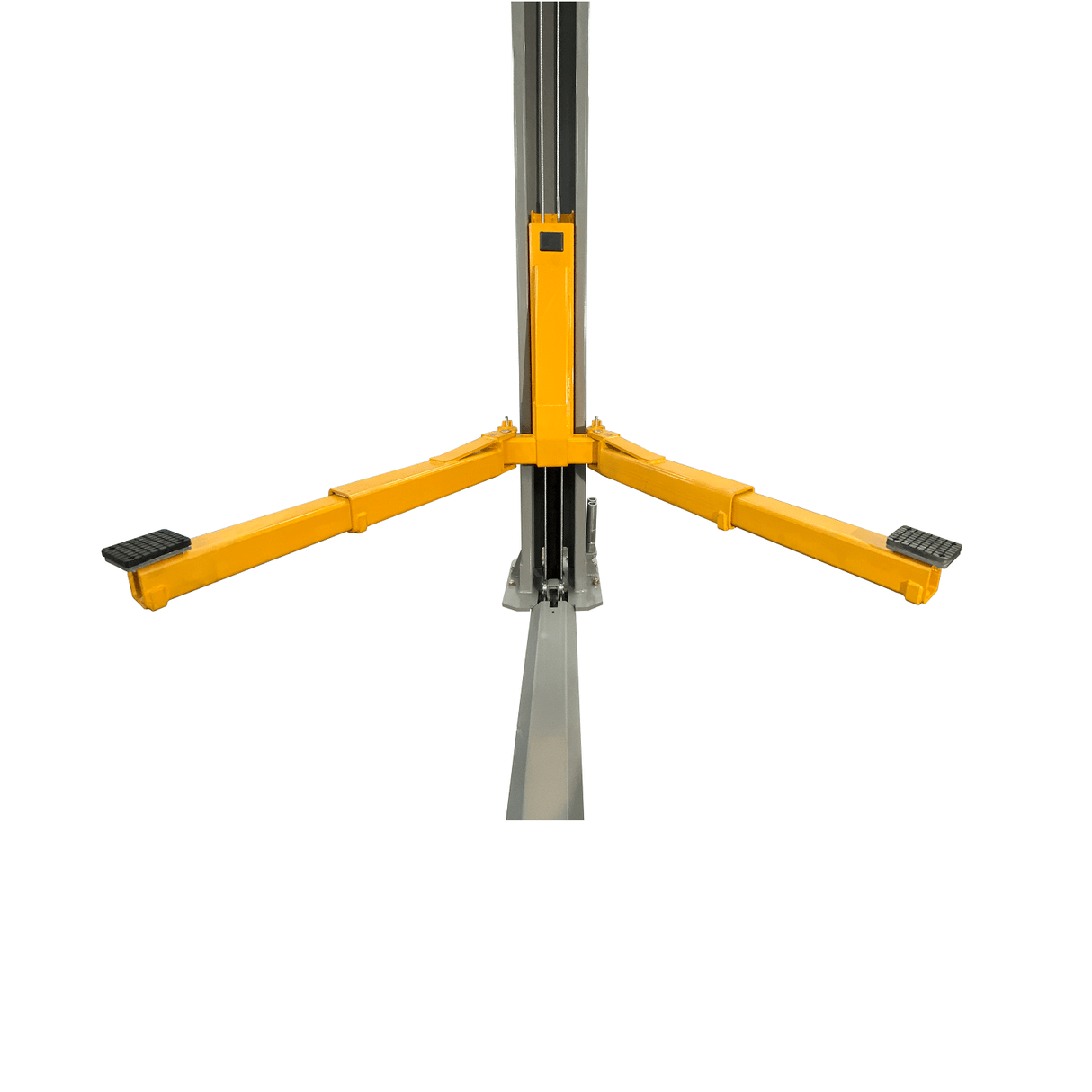 A detailed top-down view of the yellow lifting arm with its lifting pads on the Triumph NT-15 two-post auto lift.