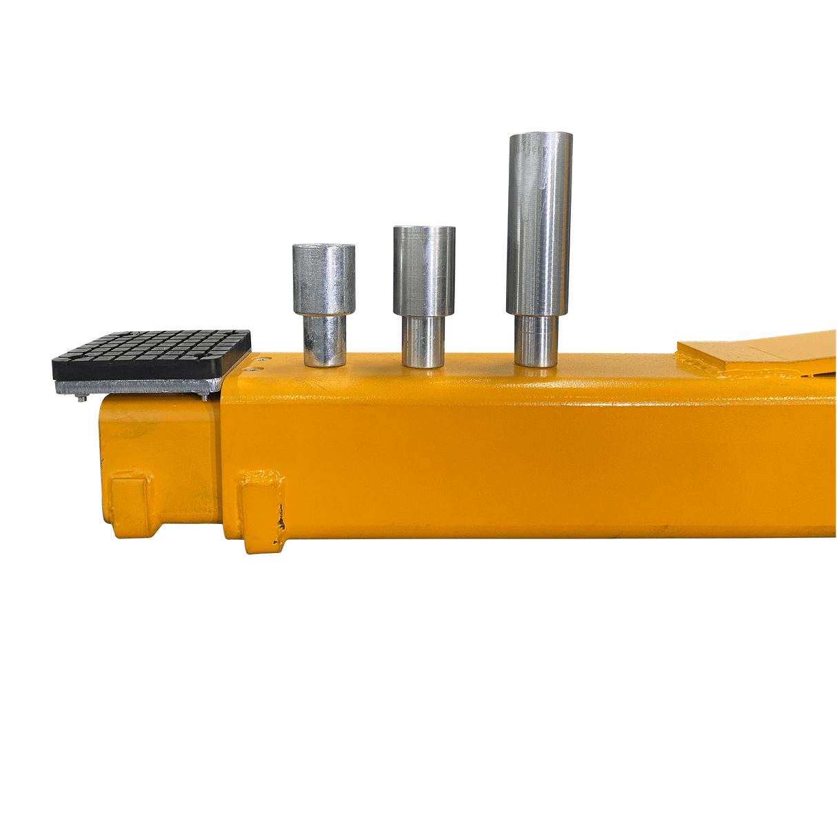 A close-up side view of the adjustable lifting pads and included height adapters on the Triumph NT-15 two-post lift's yellow arm.