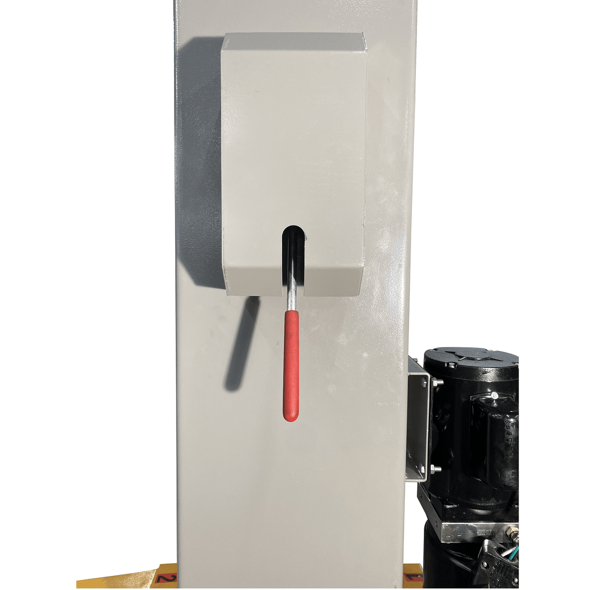 A close-up of the control panel on the Triumph NT-15 auto lift post, showing a black lever and red switch.