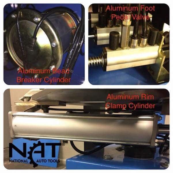 Close-up of the Triumph NTC-950's aluminum bead breaker cylinder, aluminum foot pedal valve, and aluminum rim clamp cylinder, highlighting their durable construction.