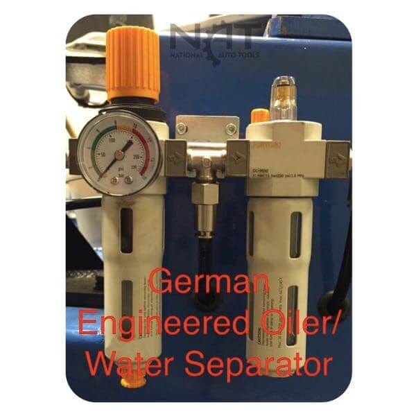 Close-up view of the German-engineered oiler and water separator components on the Triumph NTC-950.