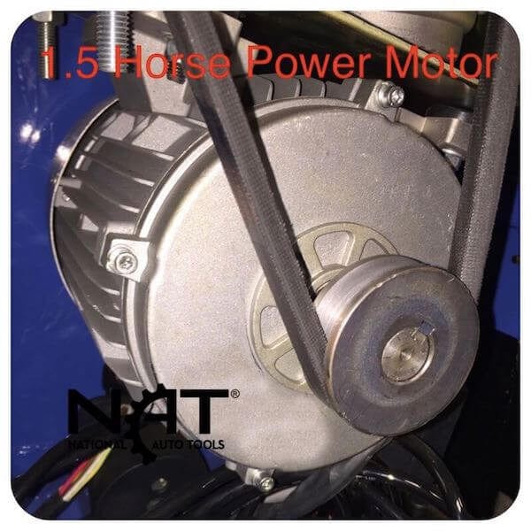 Close-up view of the 1.5 HP motor and belt on the Triumph NTC-950 tire changer.