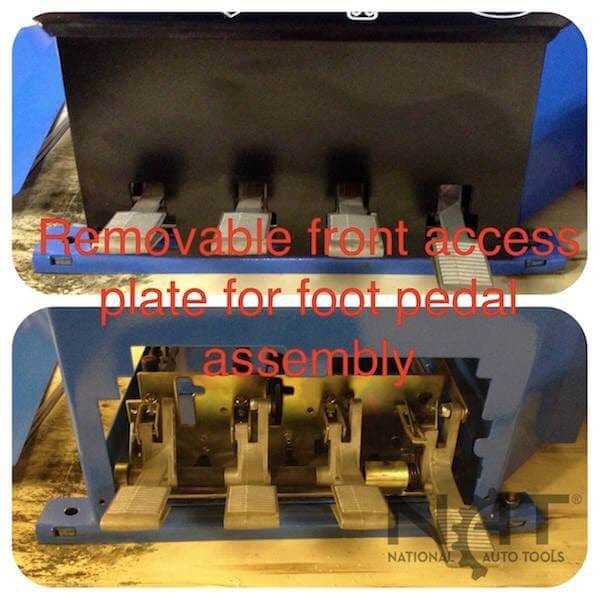 Close-up view of the removable front access plate on the Triumph NTC-950, revealing the foot pedal assembly underneath.