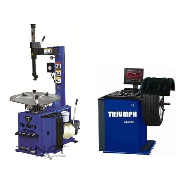A full set of blue Triumph NTC-950 Tire Changer and NTB-800 Wheel Balancer equipment on a white background, with the tire changer on the left and the wheel balancer with a tire on the right. Both machines feature Triumph branding and control panels.