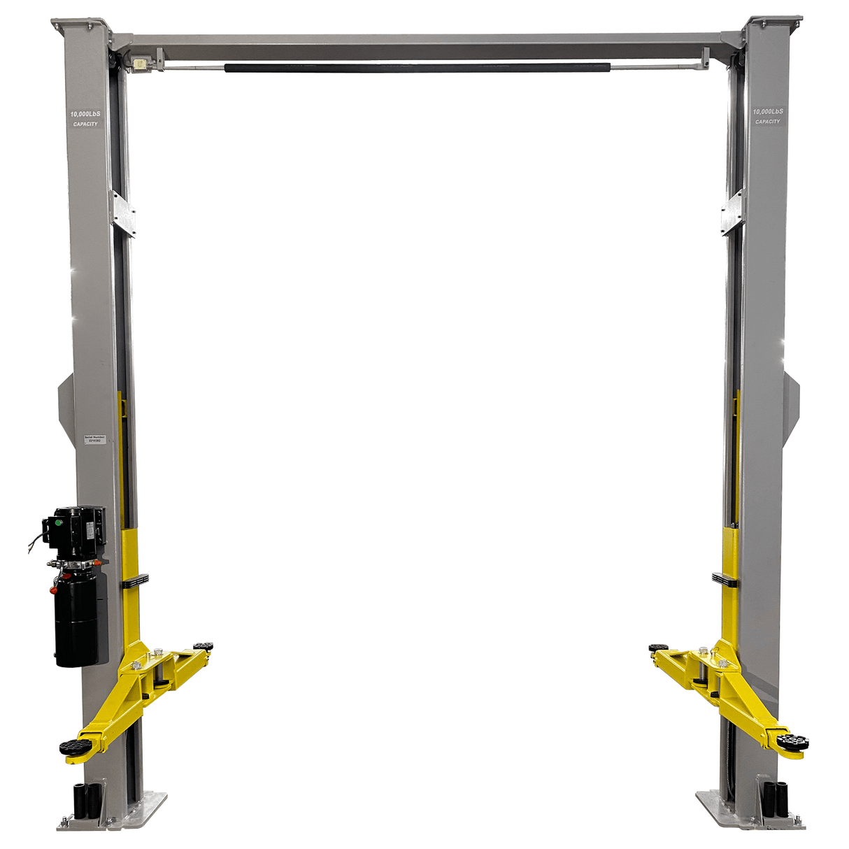 A full view of the two-post Triumph NTO-10A auto lift with 10,000 lbs capacity and gray and yellow posts and arms, designed to be 145 inches tall.