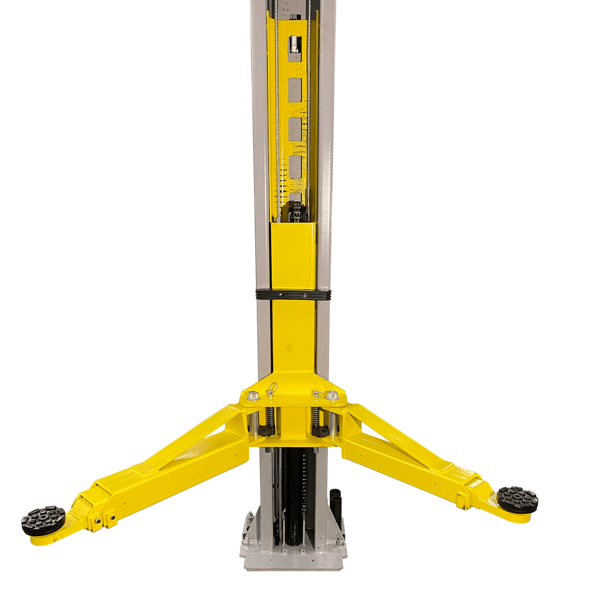 A close-up, bottom-up view of the yellow three-stage arms and the gray post of the Triumph NTO-10A auto lift.