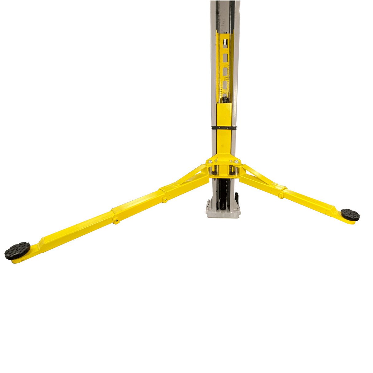 A close-up of the yellow three-stage arms of the Triumph NTO-10A auto lift, fully extended and rotated outward.