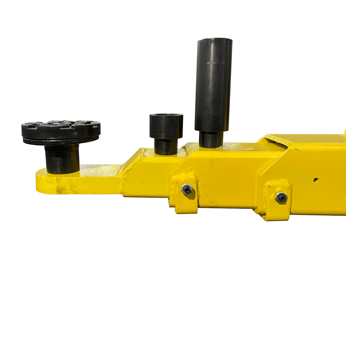 A close-up of the base of the gray column on the Triumph NTO-10A auto lift, showing the floor mounting hardware and the 18" x 17" base plate size.