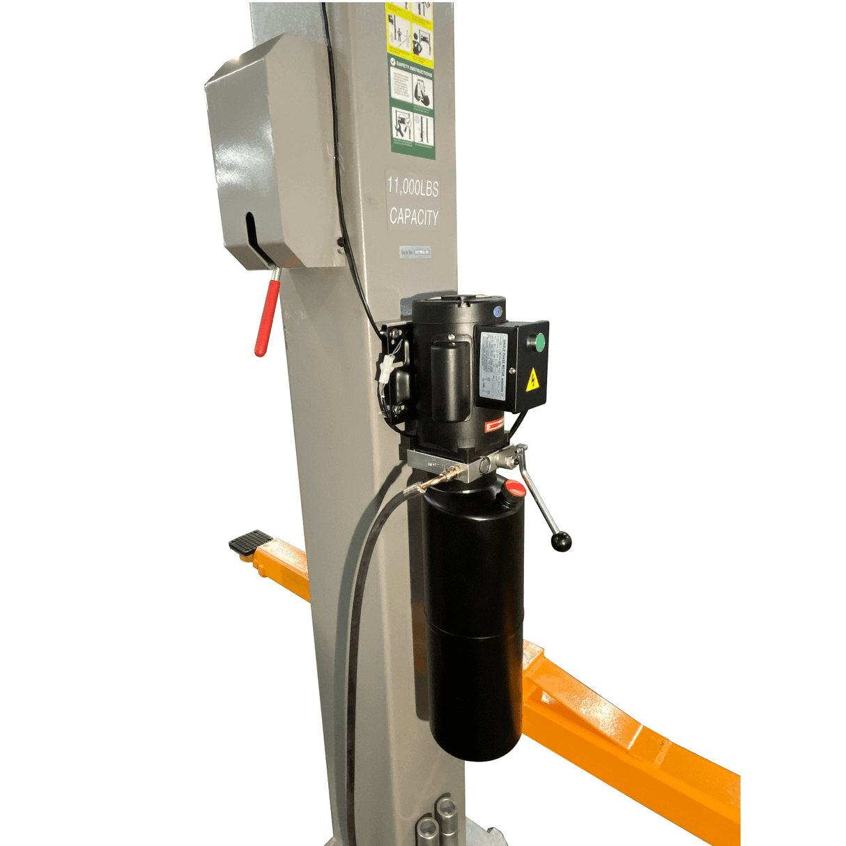 A close-up view of the NTO-11A's power unit, a black cylinder attached to the grey lift post. The power unit has a red handle and is marked with a caution sign.