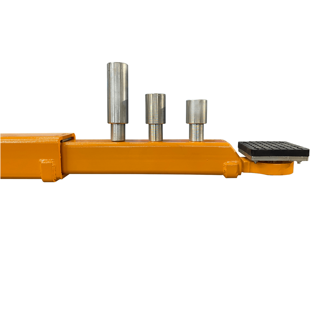 A close-up view of the orange-yellow lift arm on the NTO-11A, showing the adjustable screw-in pads with truck adapters for different vehicle types.