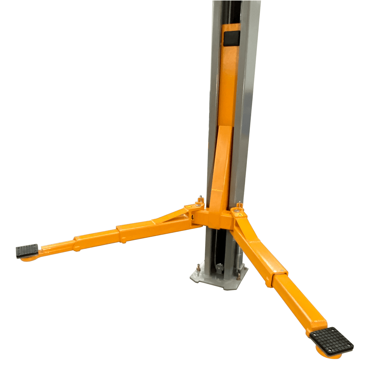 A close-up, bottom-up view of one of the lift posts, showing the orange-yellow lift arm extended from the grey post, with the lifting mechanism and base visible.