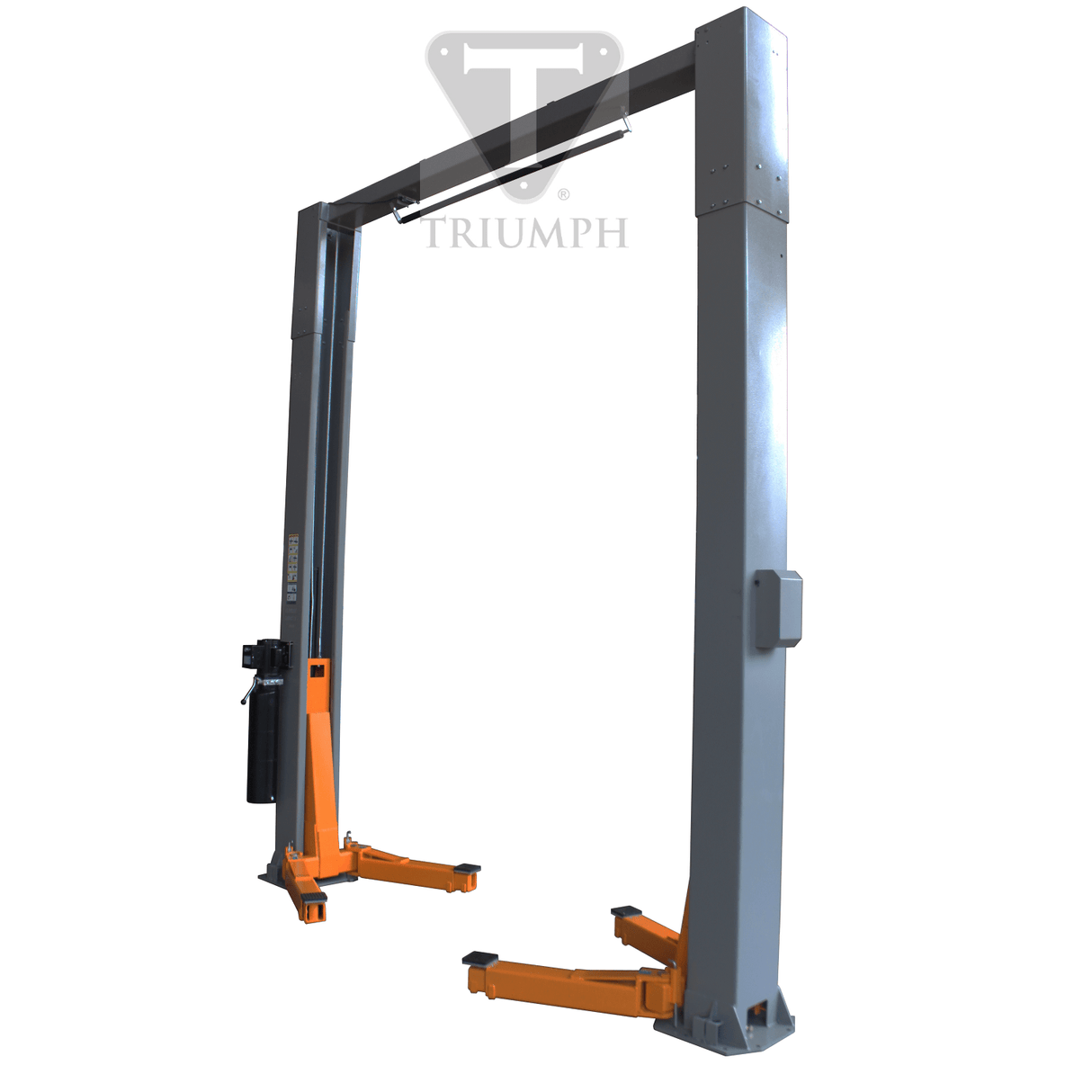 A side view of the Triumph NTO-15 15,000 lb Two Post Auto Lift, highlighting one of the grey vertical posts and the orange-yellow lift arm in its lowered position.