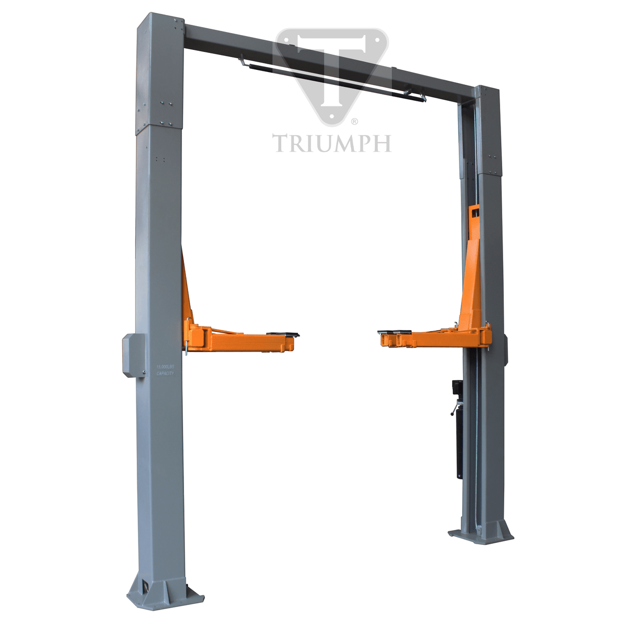 A three-quarter view of the Triumph NTO-15 15,000 lb Two Post Auto Lift, with both orange lift arms raised to a mid-height position. The grey posts are connected by the overhead bar featuring the Triumph logo.