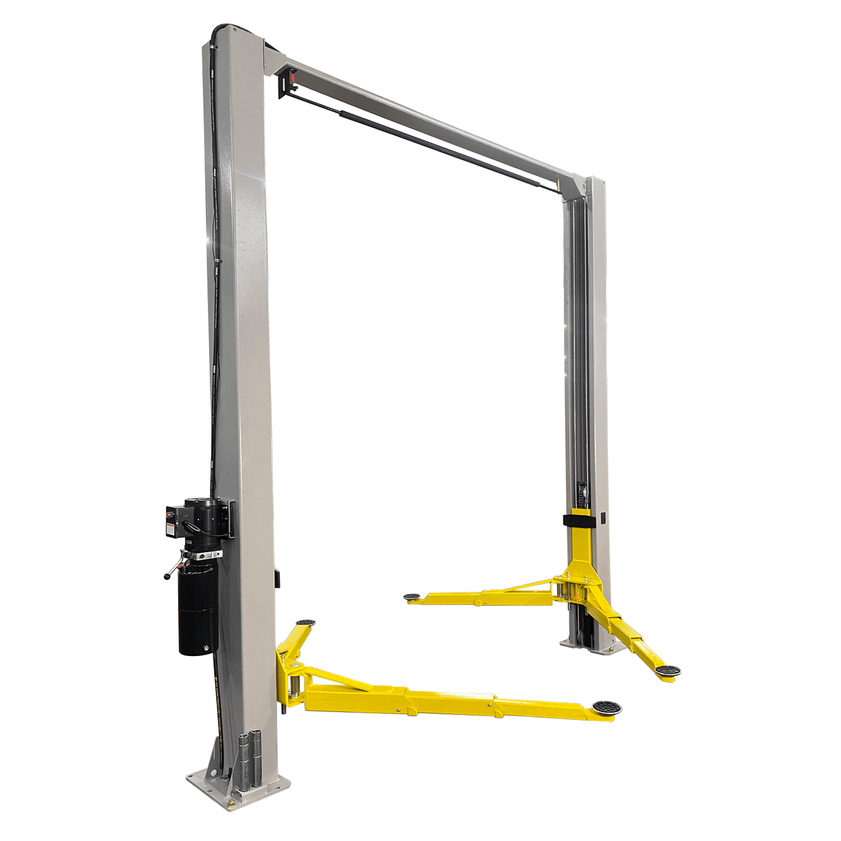 A front-view of a gray and yellow Triumph NTO-9AE 9,000 lb two-post auto lift.