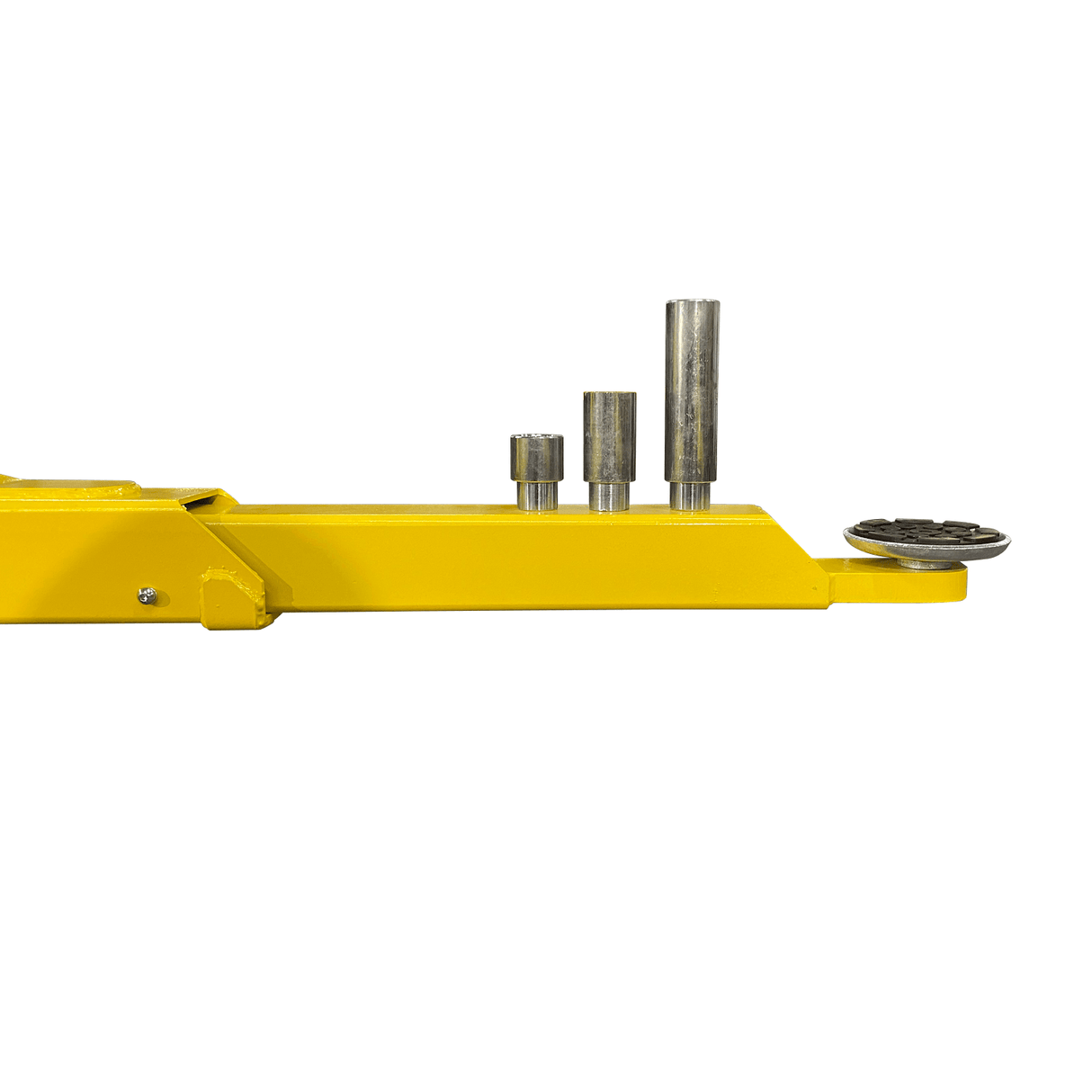 A close-up side view of the adjustable yellow lifting pads and steel height adapters on a Triumph NTO-9AE two-post lift.