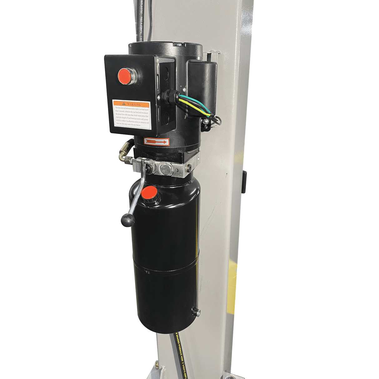 A close-up view of the black power unit and control box of a Triumph NTO-9AE two-post auto lift.