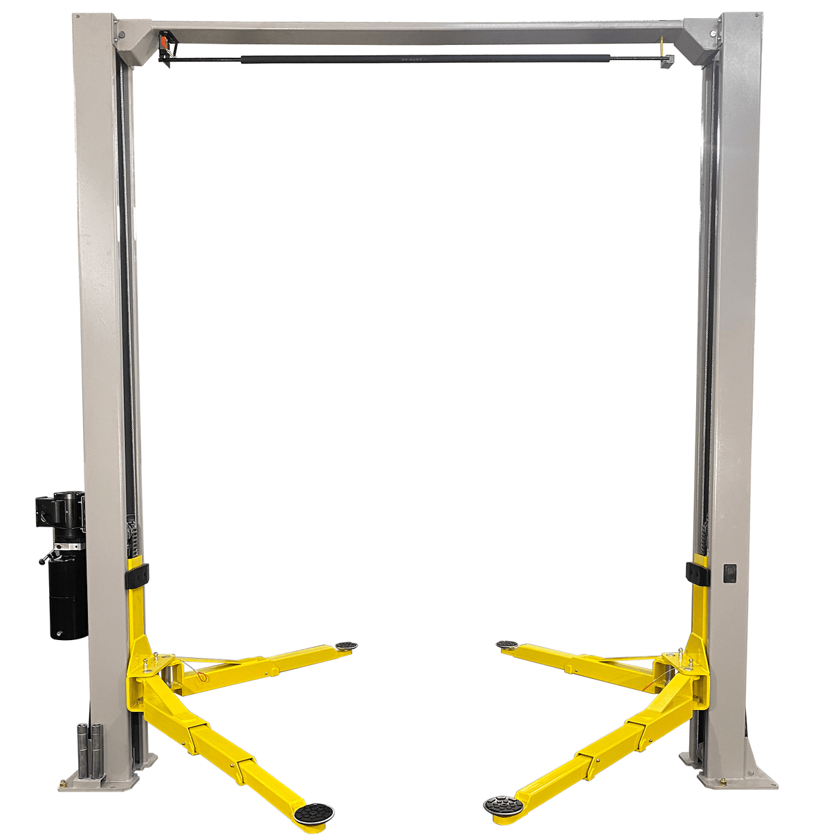 A straight-on frontal view of the gray and yellow Triumph NTO-9AE two-post auto lift with the overhead beam and symmetric arms.