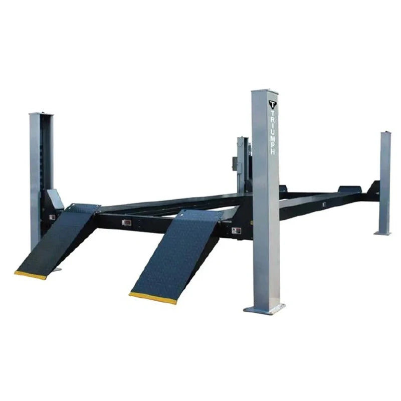 The Triumph NTR-16, a black and gray four-post lift with its ramps extended. It features a 16,000 lb lifting capacity and has 12 locking positions.