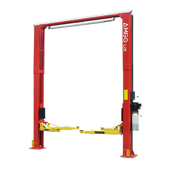 A red AMGO OH-12S 12,000 lbs two-post lift with yellow lifting arms and a clearfloor design, showcasing its compact, low-ceiling profile.