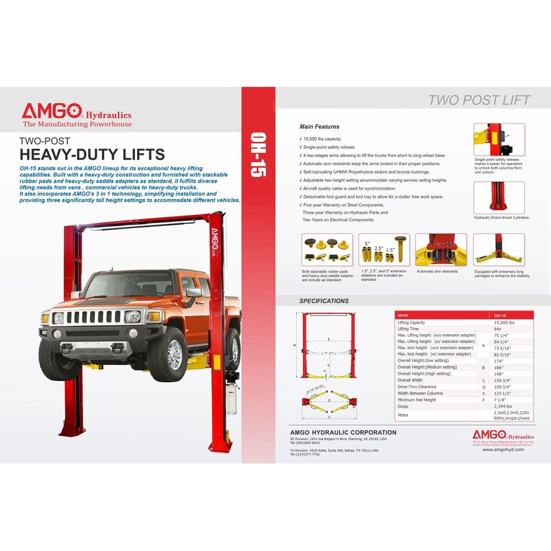 A product brochure for the AMGO OH-15 Two-Post Heavy-Duty Lift, featuring a photo of an orange Hummer H3 on the lift, along with diagrams, specifications, and a list of key features.
