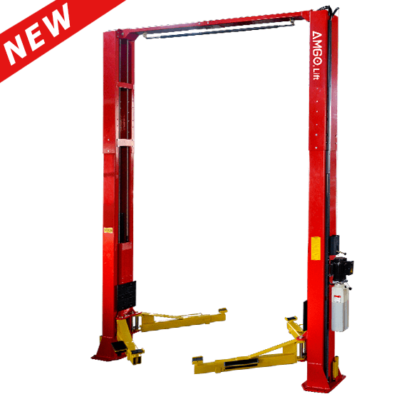 The AMGO OH-18 Two-Post Lift in red with a yellow overhead beam and arms, designed for heavy-duty lifting, shown against a transparent background.