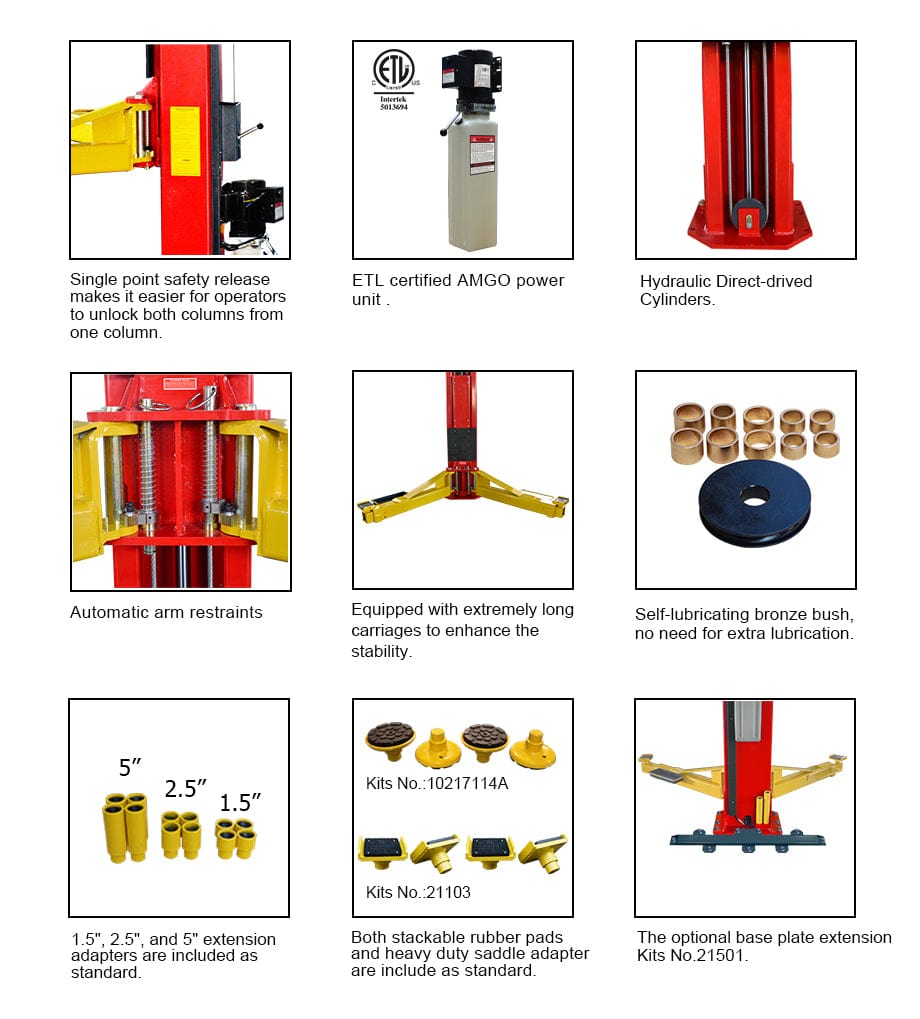 A collage of detailed graphics for the AMGO OH-18 Two-Post Lift, showcasing its safety release, ETL certified power unit, hydraulic cylinders, heavy-duty carriages, stackable rubber pads, and optional base plate extension.