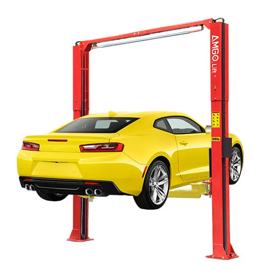 An AMGO OH-9 Two-Post Lift in red with a yellow overhead beam, elevating a yellow Chevrolet Camaro against a white background.