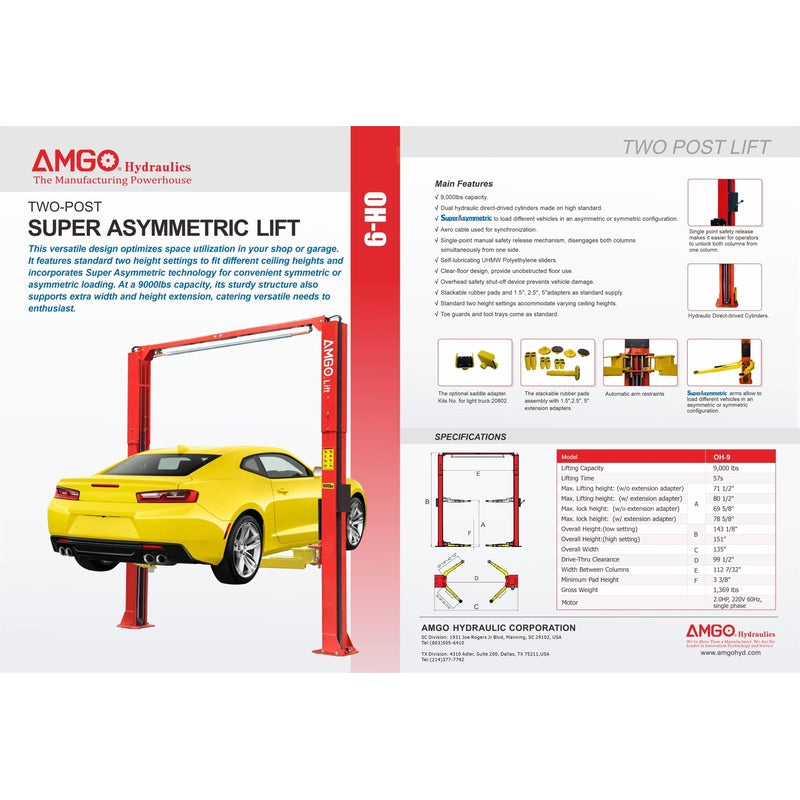 A brochure for the AMGO OH-9 Two-Post Super Asymmetric Lift, featuring a yellow Chevrolet Camaro elevated on the lift, along with detailed diagrams, specifications, and a list of key features.